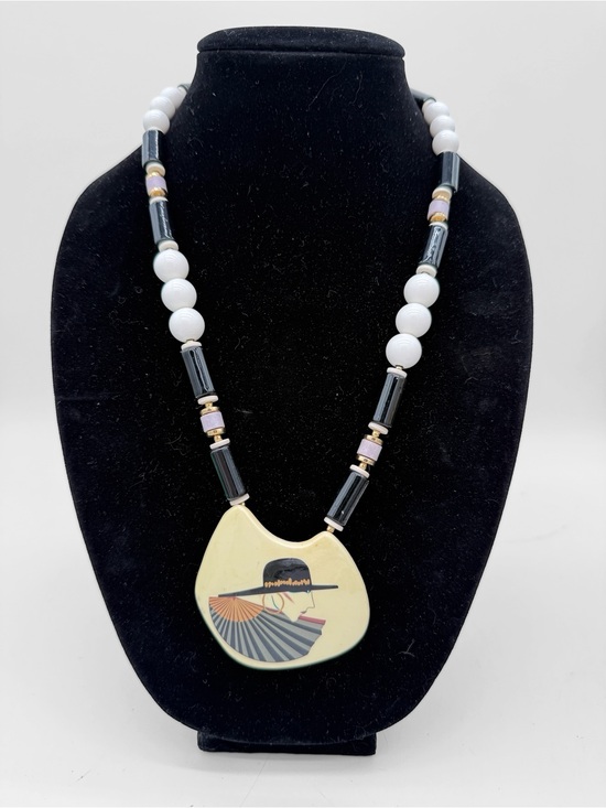 Vintage Jewelry - Vintage Japan Art Deco Revival 80s Chunky Statement Necklace Ceramic & Lucite